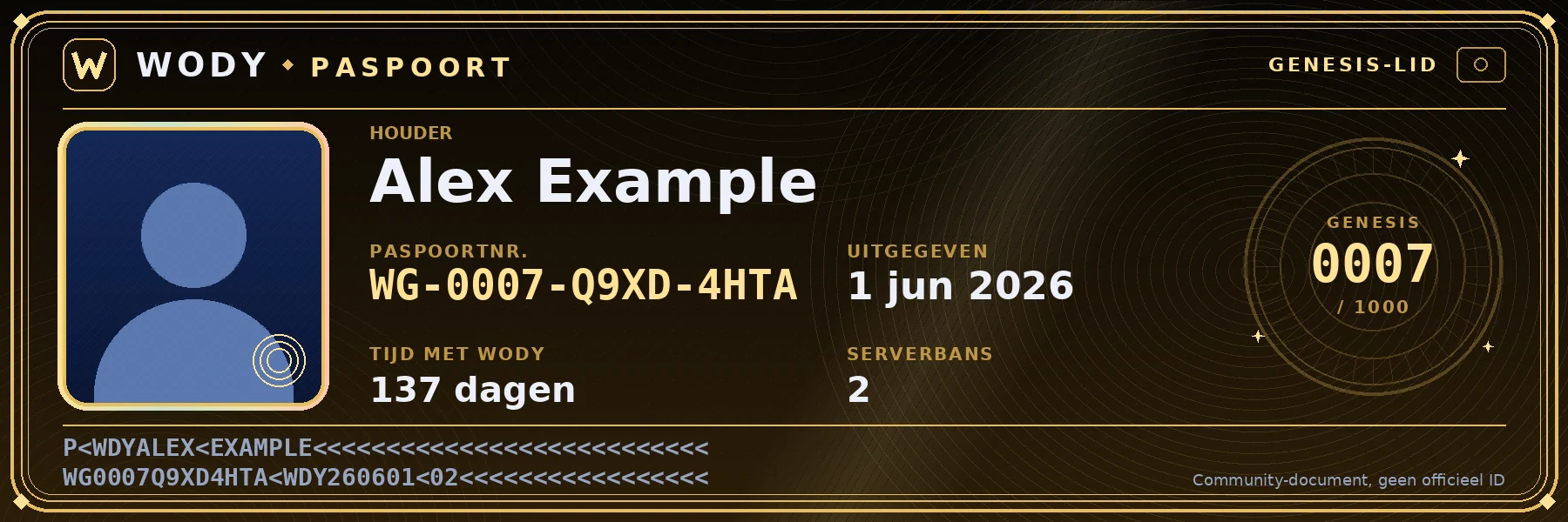 Voorbeeld van de zwart-gouden WODY PASSPORT Genesis-kaart